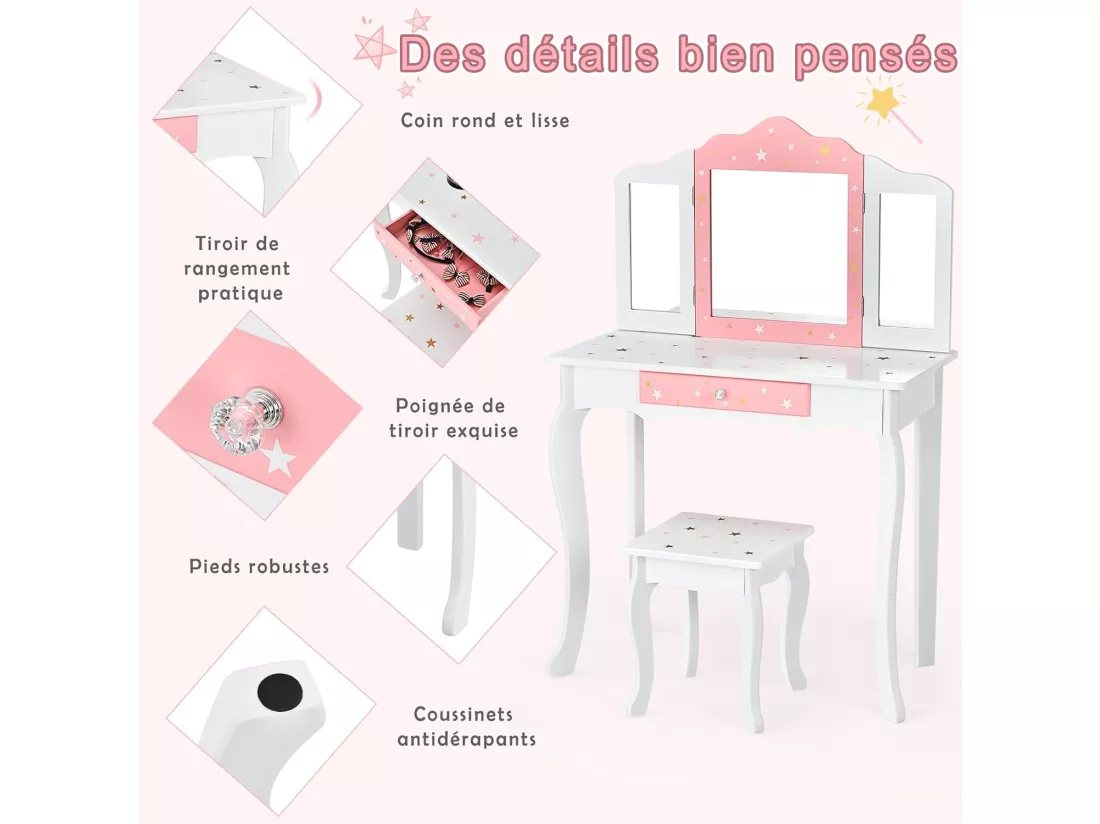 Ensemble Coiffeuse et Tabouret pour Enfants, Miroir à 3 Volets Amovible, Table de Maquillage avec Tiroir Blanc