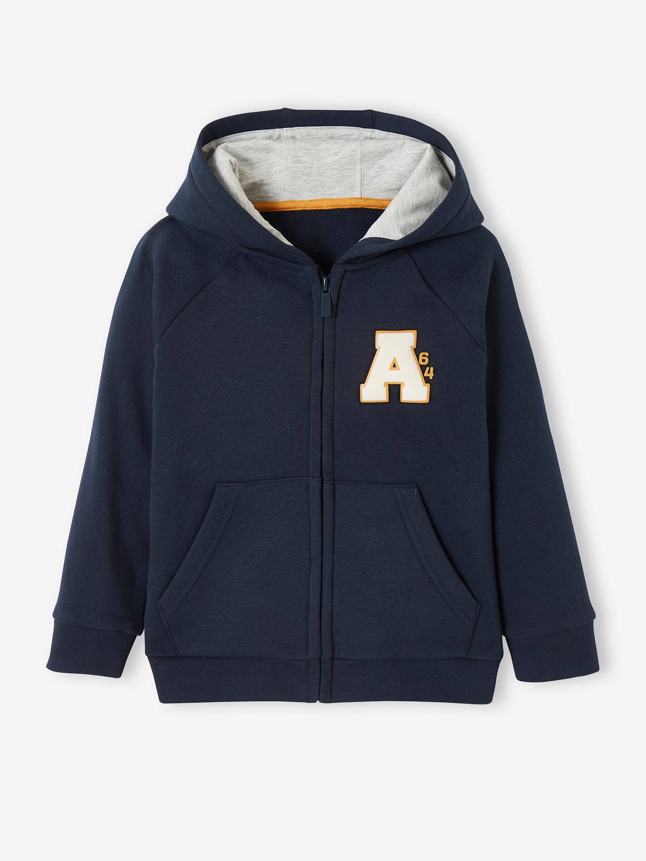 Moletom infantil masculino azul escuro liso com zíper e estampas.