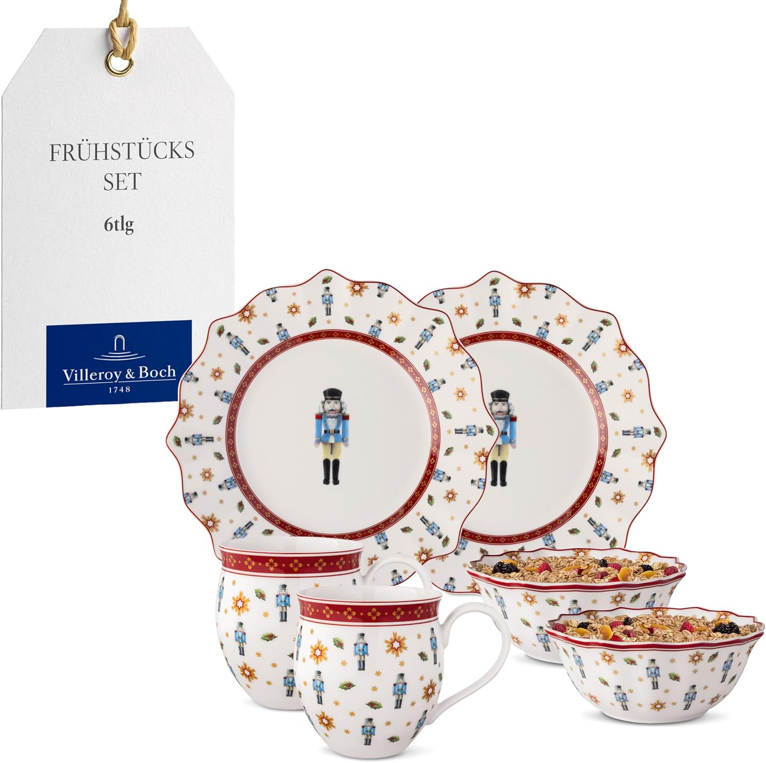 Villeroy & Boch - Toy's Delight Frühstücks-Set für 2 Nussknacker 6-teilig Bunt, Weihnachten, Geschirr Set mit Frühstückstellern, Tassen und Schüsseln, Weihnachtsgeschirr, Premium Porzellan