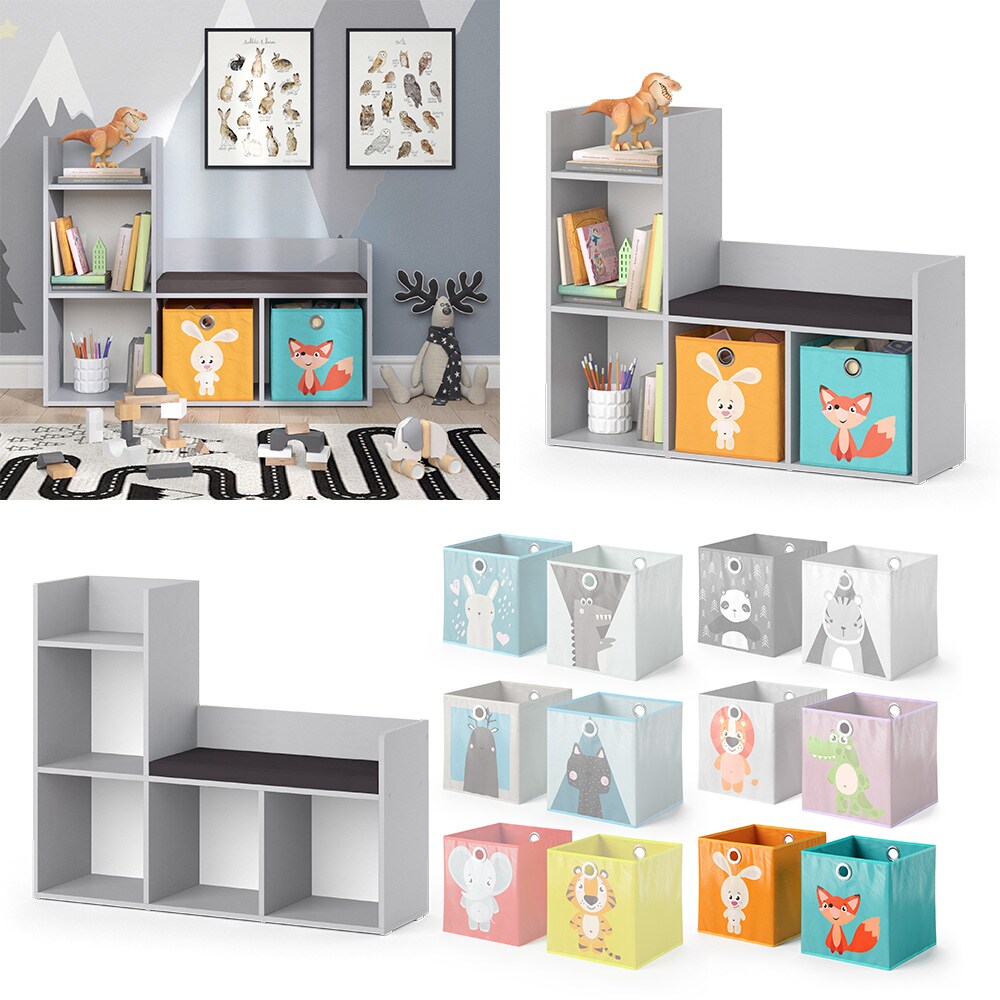 Vicco Bank-Regal Bücherregal Kinderregal Luigi Hellgrau 107x89 cm modern Faltbox Sitzbank Kinderzimmer Regal Wandregal Spielzeugregal Dekoregal Standregal Aufbewahrung Würfelregal Regal-Bank-Kombi