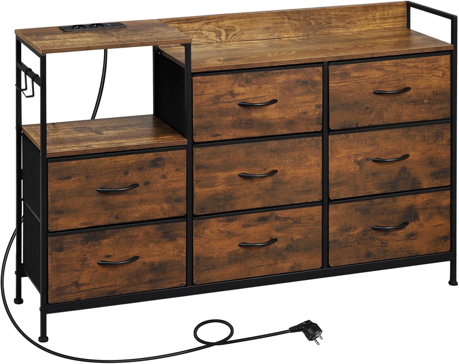 WOLTU Kommode mit 8 Schubladen aus Stoff, Stoffkommode mit Steckdosen, Kommodenschrank für Schlafzimmer Wohnzimmer Flur, aus Metallrahmen Holzwerkstoff, Vintage-Holzoptik Schwarz, SSK007hov