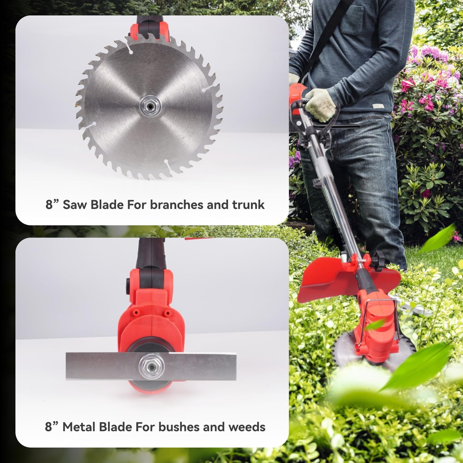 ONEVAN Akku Rasentrimmer & Bodenhacke 2-in-1, Bürstenlos Rasenkantenschneider mit 2 4.0Ah Akkus, 2850W, Verstellbarer Teleskop, Elektro Motorsense inkl. Gartenfräse-Ersatzkopf & 2 8