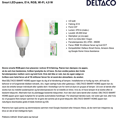 Deltaco LED pære 4,9W - smart lys