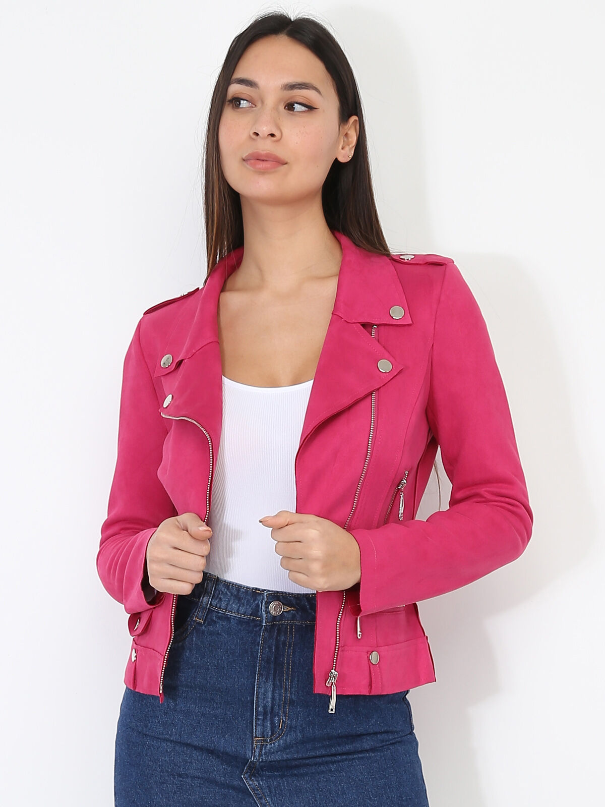 Veste biker ajustée en suédine- Fuchsia