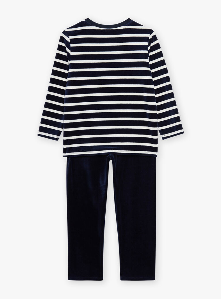 Pyjama en velours bleu marine à rayures écrues