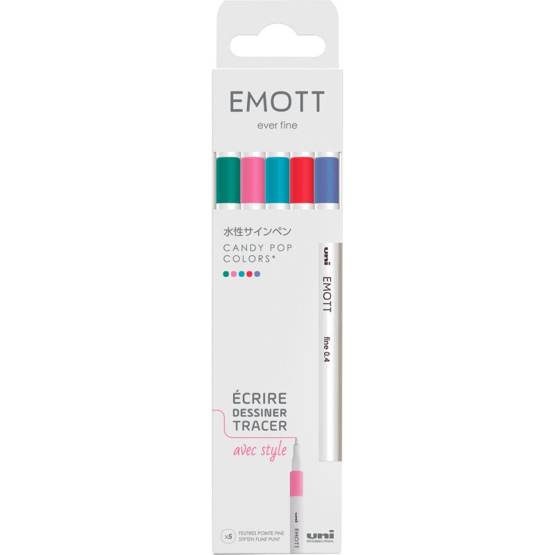 Stylo feutre Uni Ball EMOTT Candy Pop écriture fine - Pochette de 5 couleurs assorties