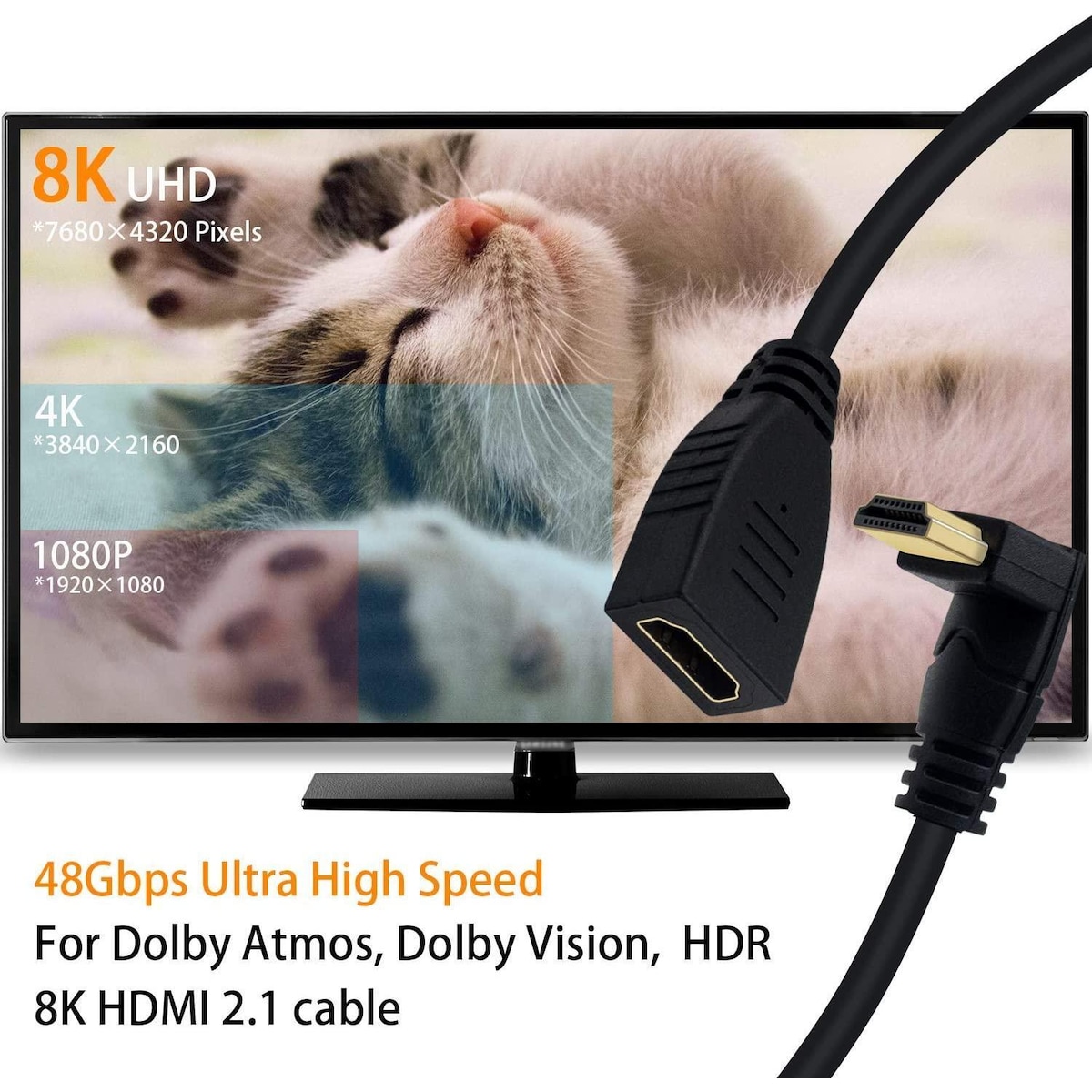 NÖRDIC vinklet HDMI-adapter 8K60Hz 4k120Hz 48Gbps hann til hunn HDMI2.1 15cm