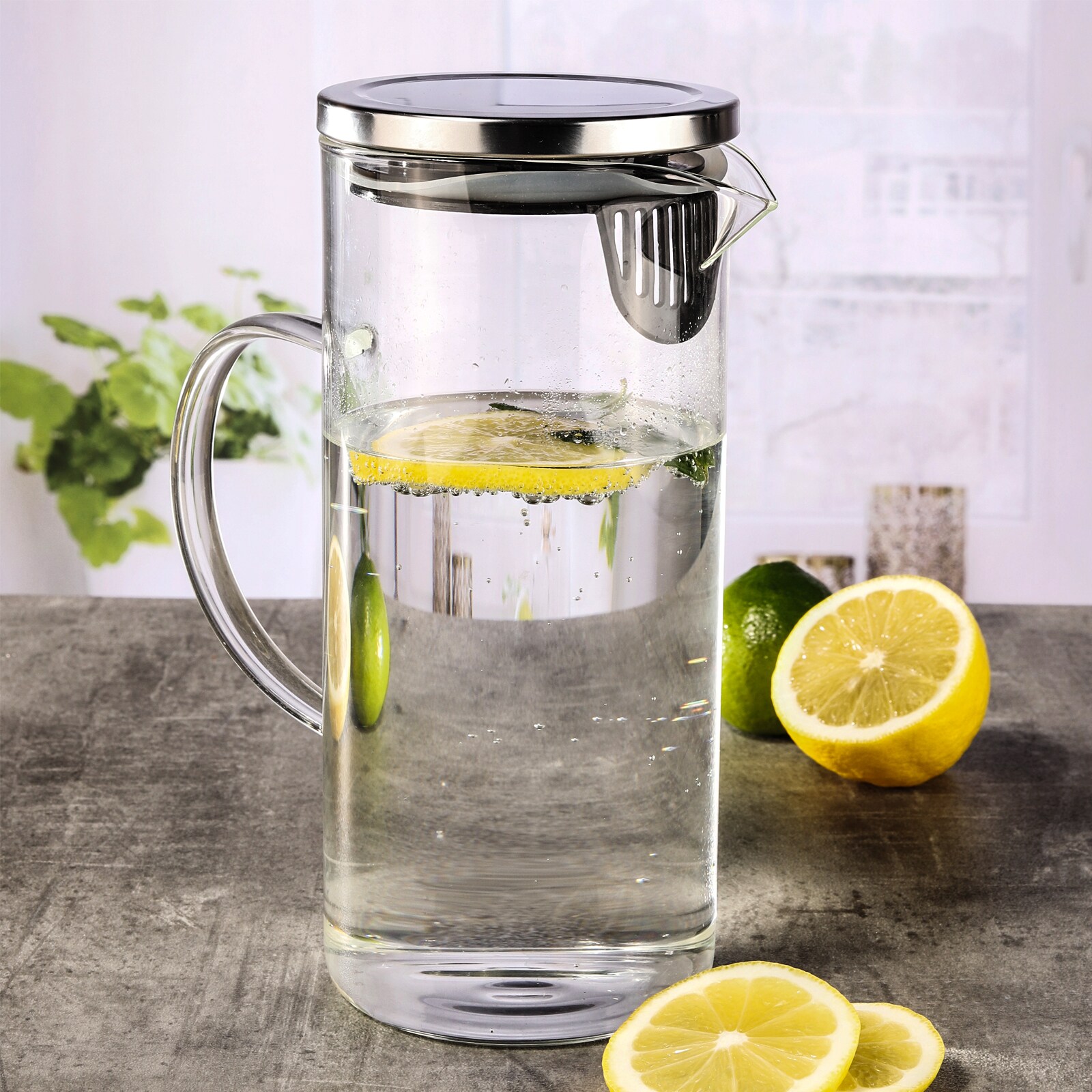 HI Glaskaraffe Wasser Karaffe Glas Kühlschrank Krug Saft Filter Griff Deckel