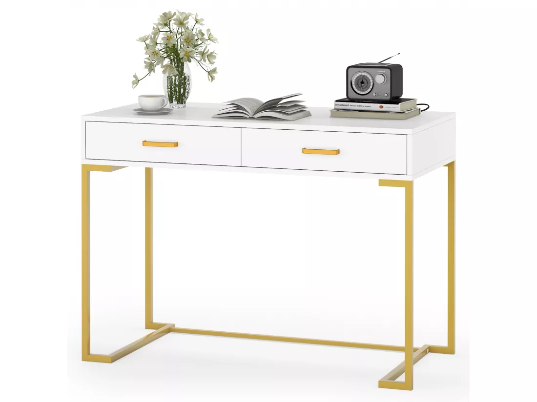 Tribesigns Bureau d'ordinateur, 100 cm Bureau avec Rangement, Table de Bureau, Simple et Moderne, Cadre en méta pour Bureau, Chambre, Blanc/Doré