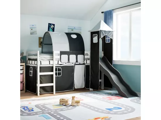 Lit mezzanine enfants avec tour blanc/noir 80x200cm pin massif