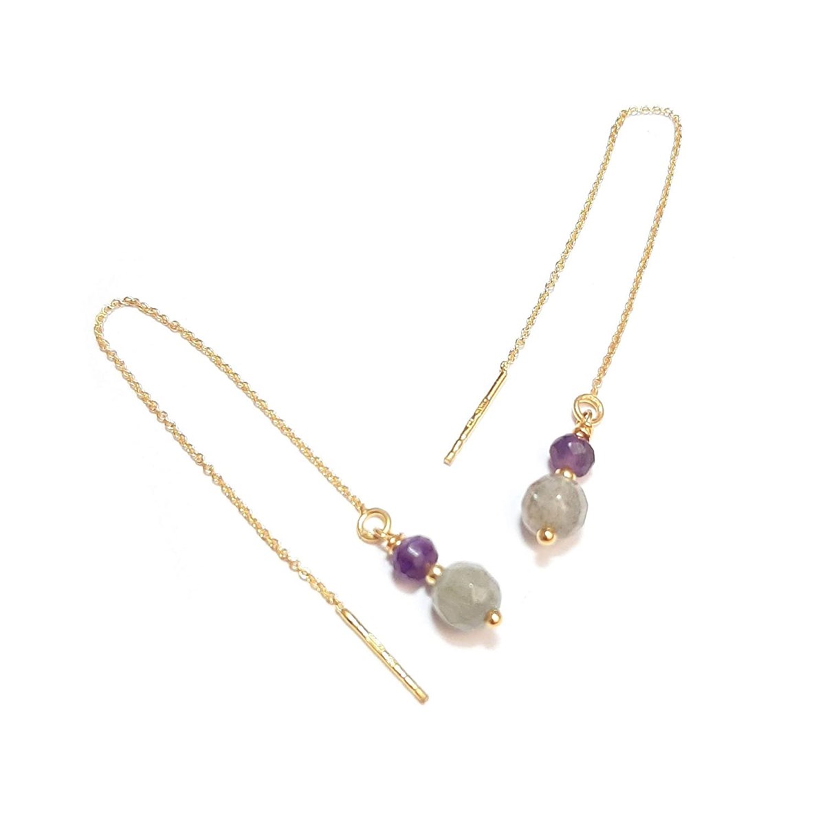 Boucles D'Oreilles Labradorite Et Améthyste Argent 925 Doré