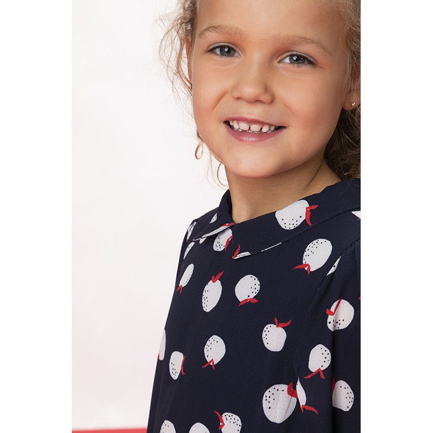 Robe courte manches longues imprimé pommes pour fille - Bleu marine