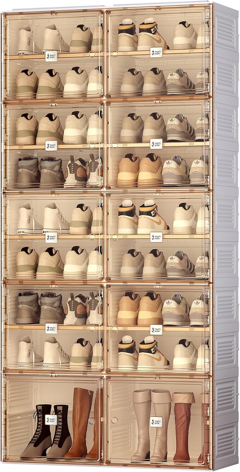 klappbarer Schuhschrank,Transparente Schuhboxen, stapelbar, 10 Stück mit magnetischer Tür, für Stöckelschuhe, Stiefeletten, Pumps (2 Spalten 10 Schichten 38 Paar)