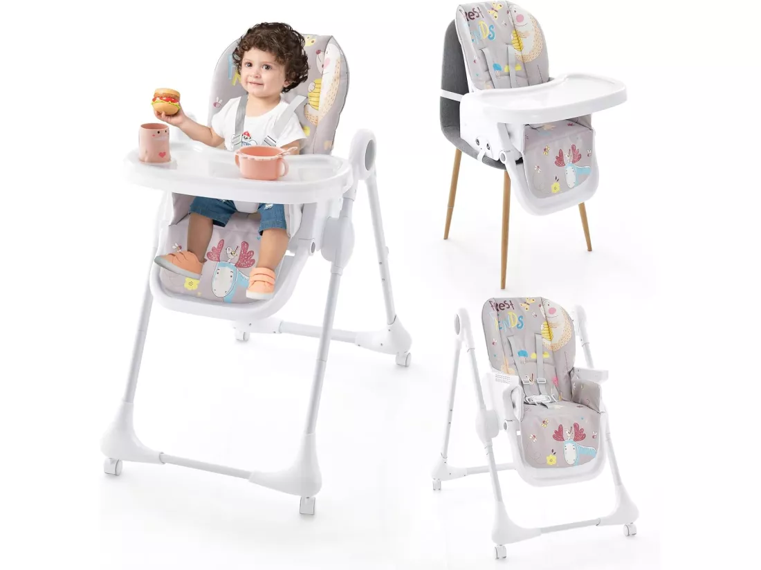 Chaise Haute Bébé Pliable 3 en 1, Chaise Haute Bébé Évolutive avec Double Plateau Amovible et Réglable, 7 Hauteurs et 3 Angles d'Inclinaison, Roue Verrouillable, 6-36 Mois, Max 23KG (Gris)