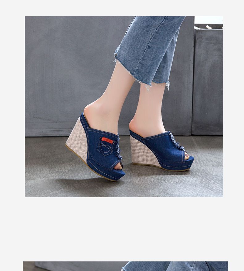 Cinnabelle - Peep-Toe Wedge-Heel Denim Slide Sandalen