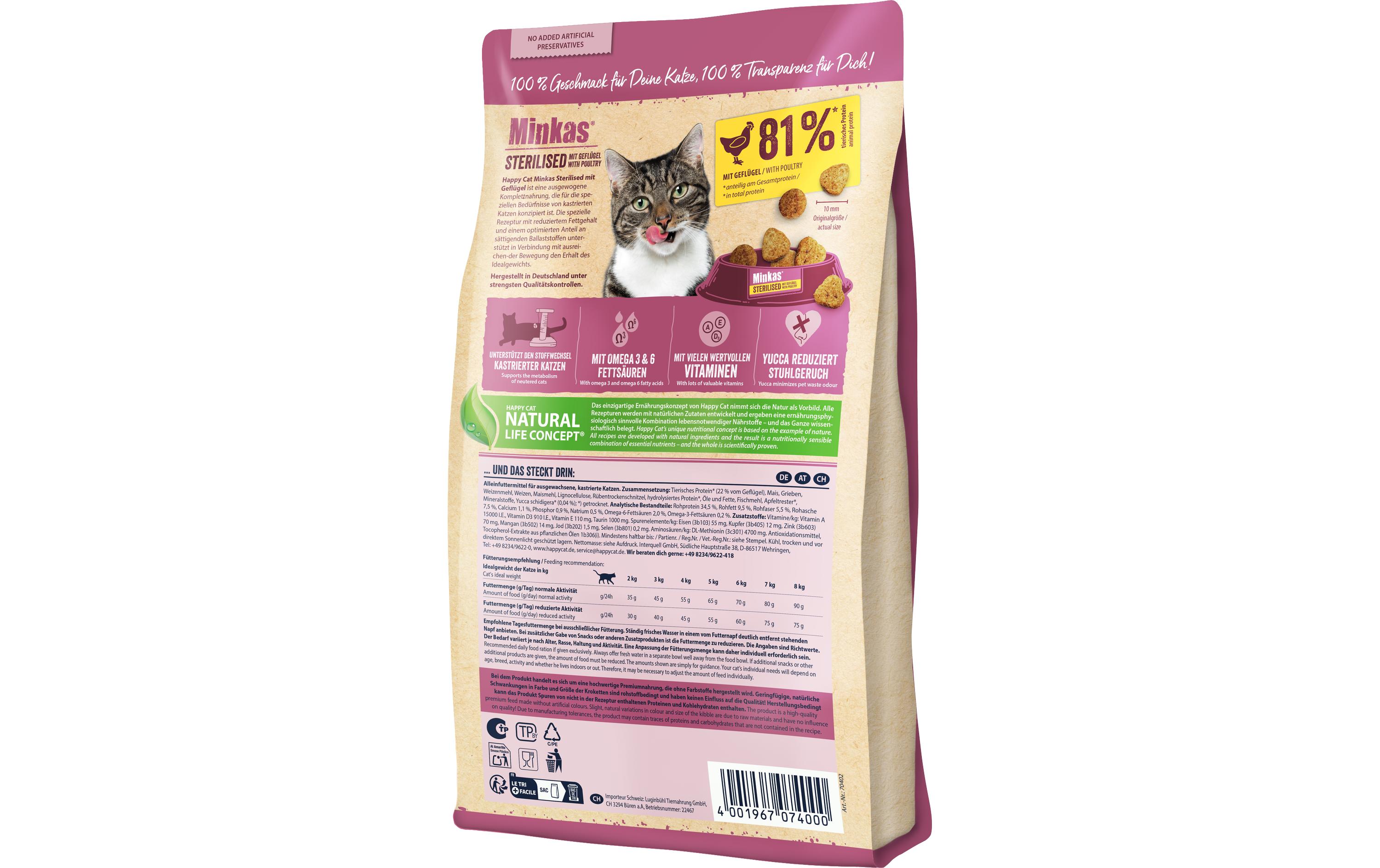Trockenfutter Minkas Sterilised Geflügel, 4 kgAlleinfuttermittel für ausgewachsene, kastrierte Katzen