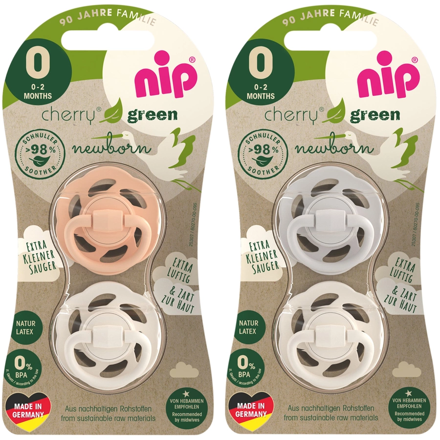 nip® Schnuller Cherry Green Newborn Girl, Latex, orangebraungraubraun