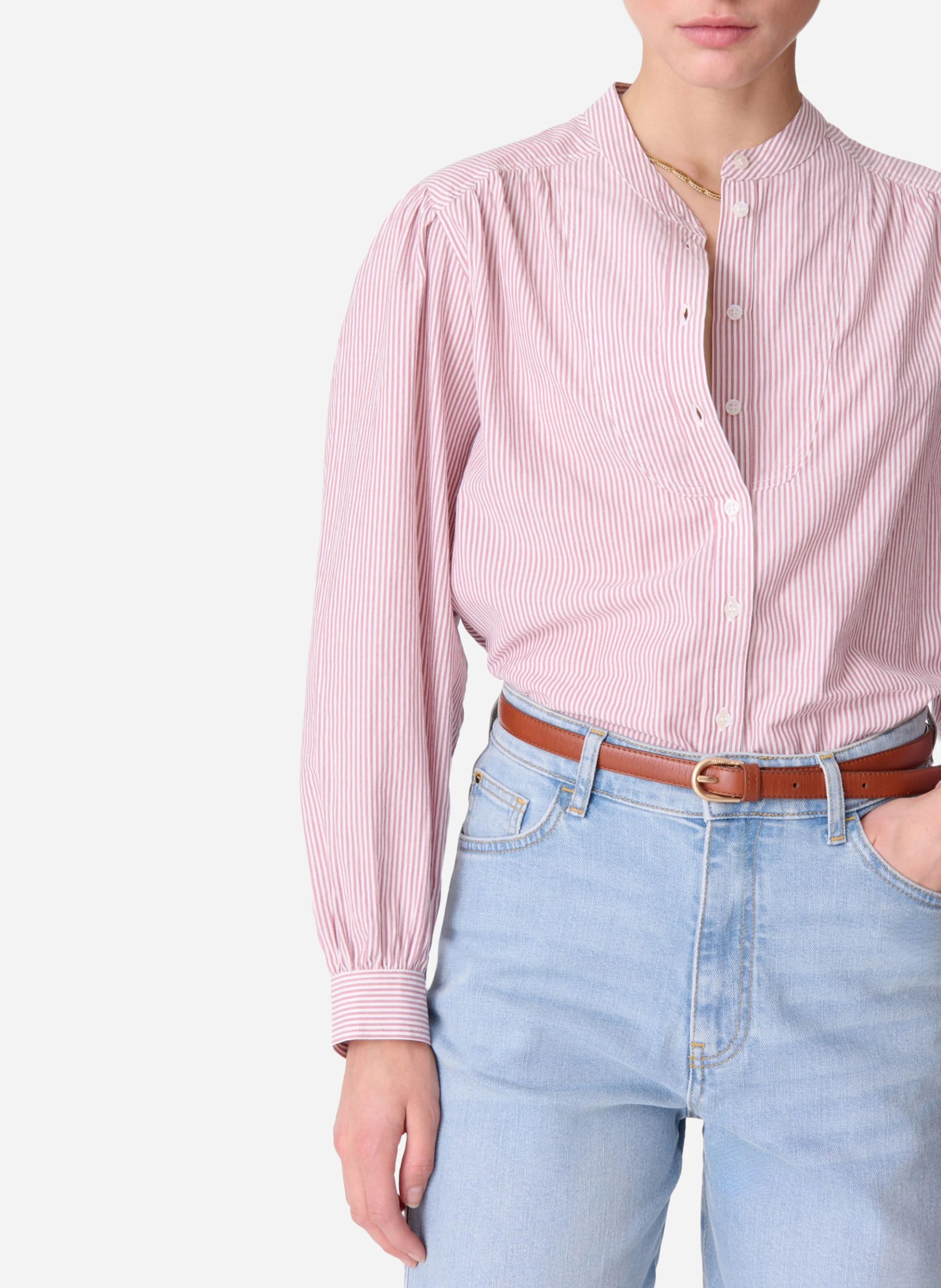 Blouse droite rayée en coton| Marron