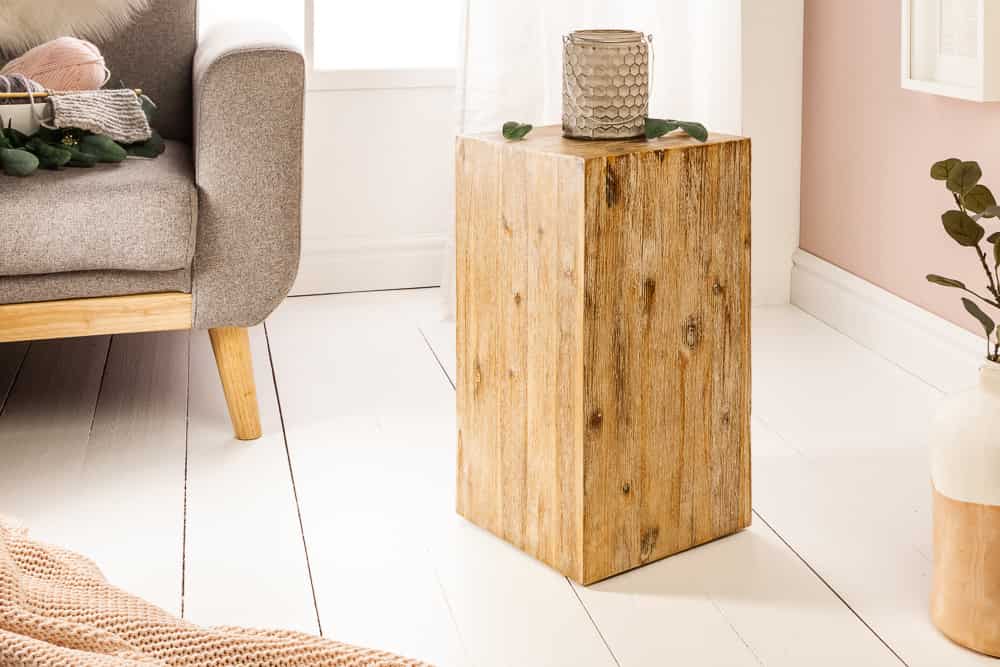 Massivholz Dekosäule COLUMNA 50cm Akazie teak-grau gekälkt Beistelltisch