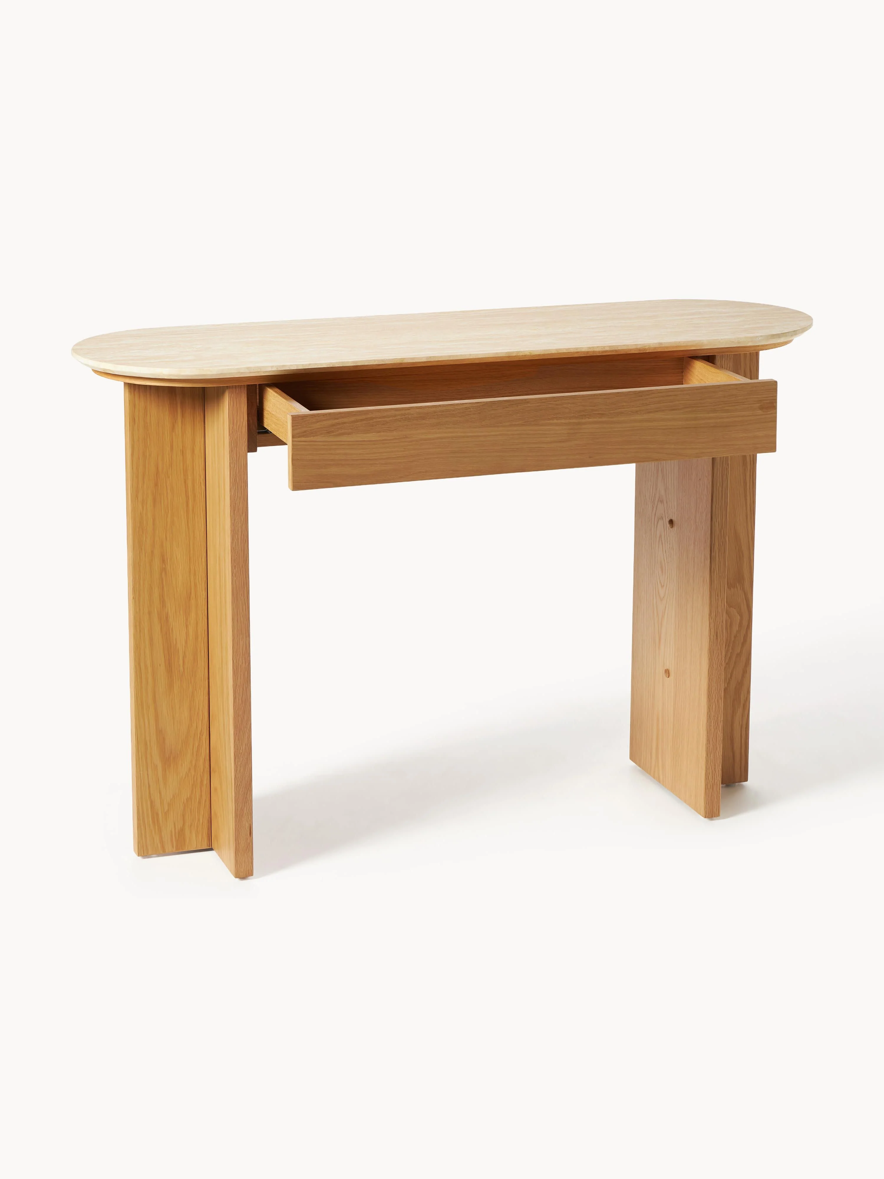 Houten console Zumi met travertin blad en lade