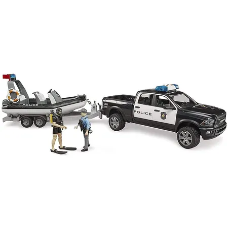 BRUDER® RAM 2500 Polizei Pick-up, Light and Sound Modul, Anhänger mit Boot, 2 Figuren