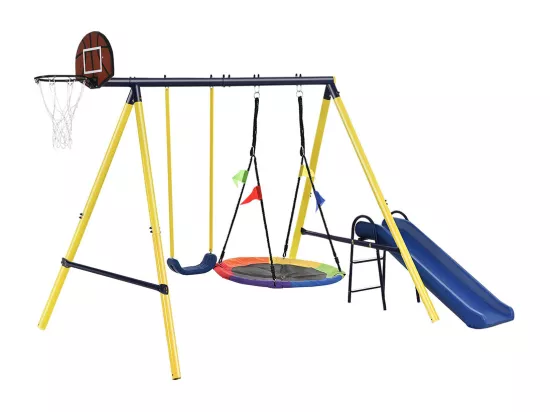 Balançoire pour enfants avec structure en métal en plastique panier de basket panier de basket toboggan panier de basket pour enfants de 3 à 8 ans jaune