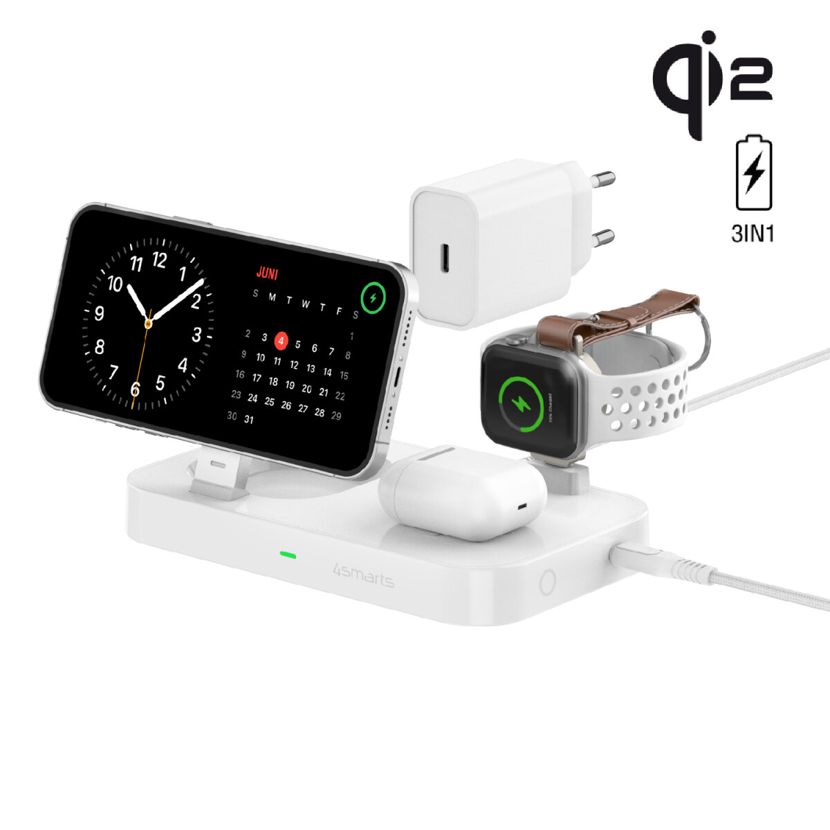 (25W) 3in1 Qi2 Trident MagSafe Wireless Charger Ladegerät inkl. (30W) Netzteil   USB C Kabel (4S540994) - Weiss