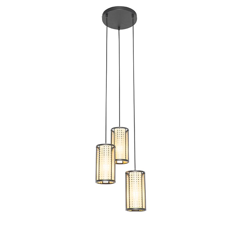 Oosterse hanglamp zwart met rotan 3-lichts rond - Akira