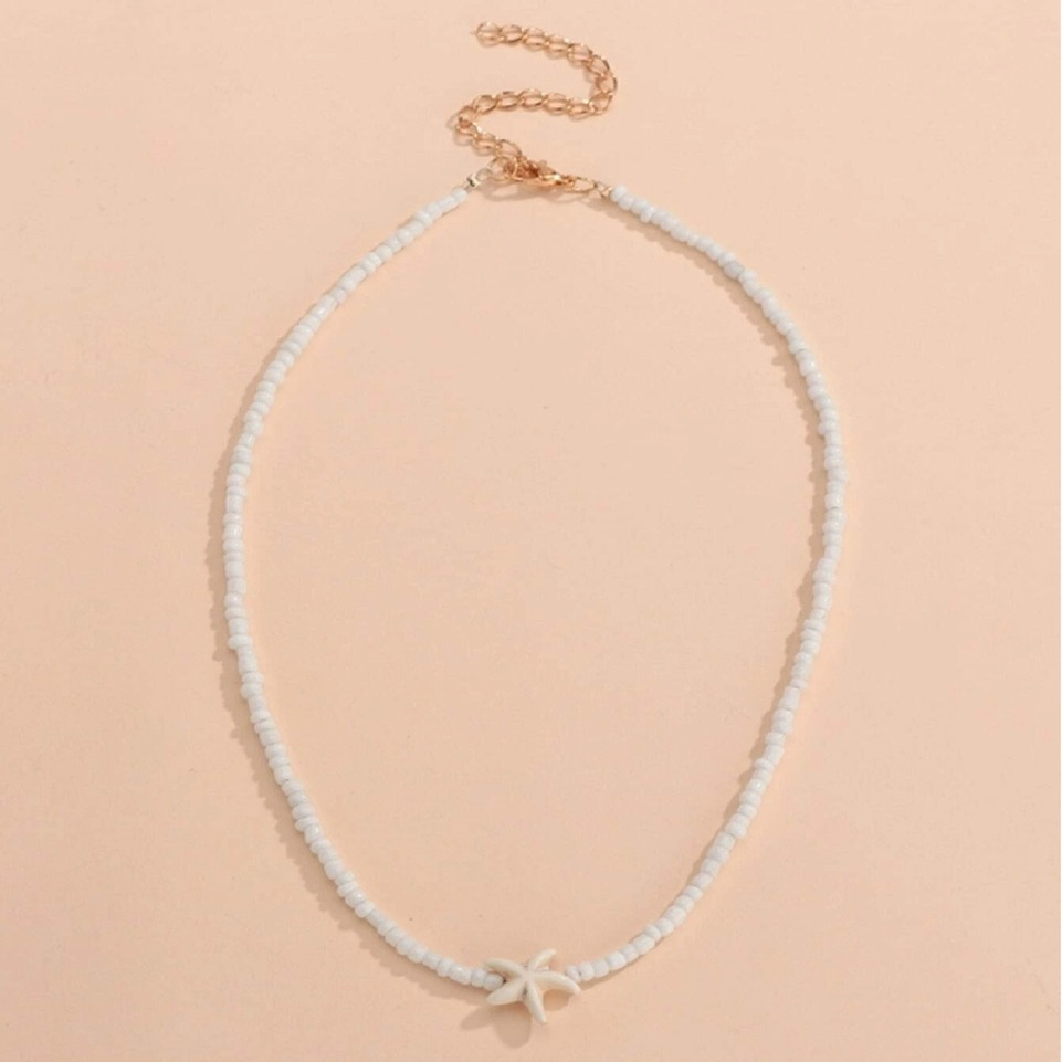 (410-460mm) Perlen Halskette Sommer Modeschmuck Boho Accessoire mit Seestern - Weiss
