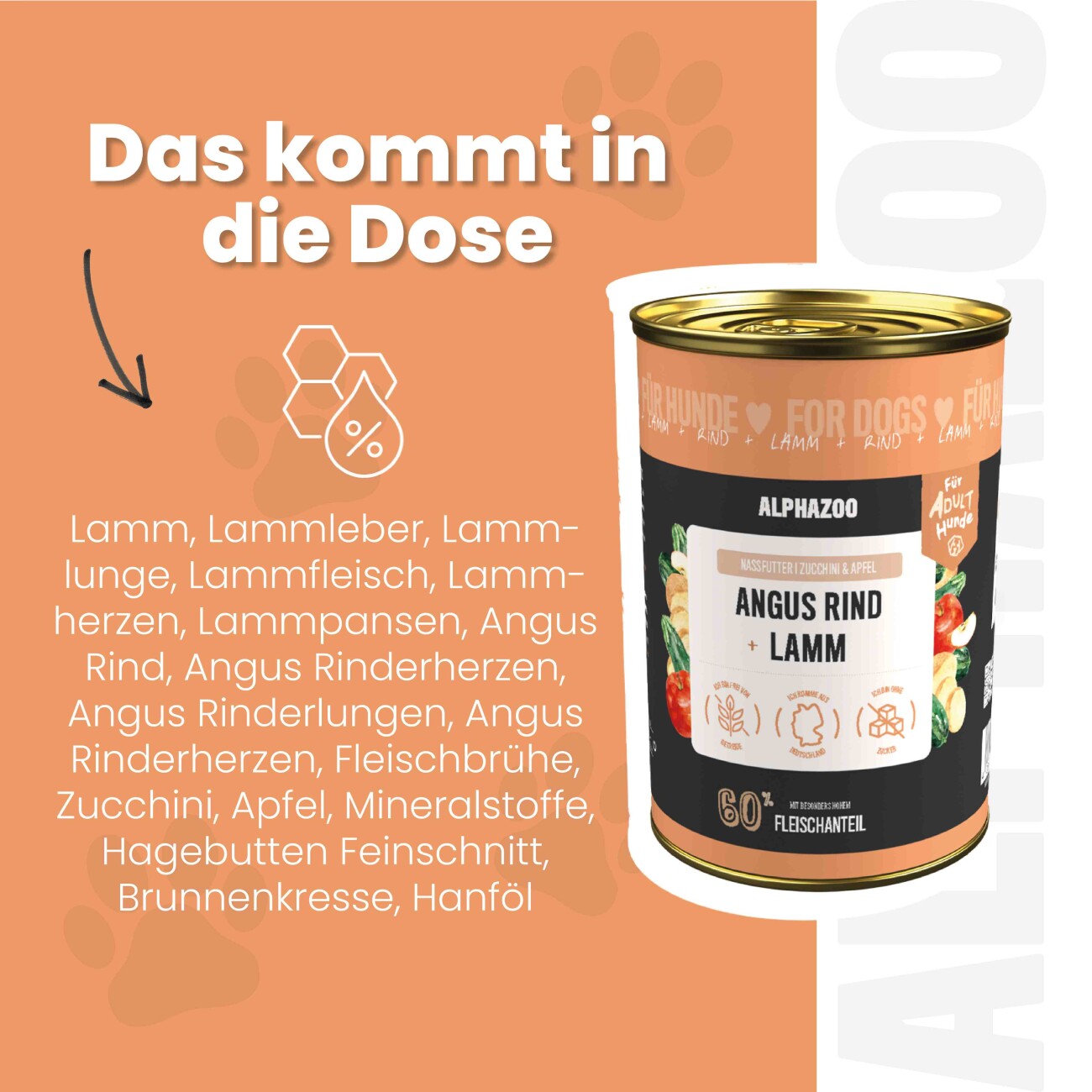ALPHAZOO Nassfutter Angus Rind + Lamm 6 x 400g für Hunde