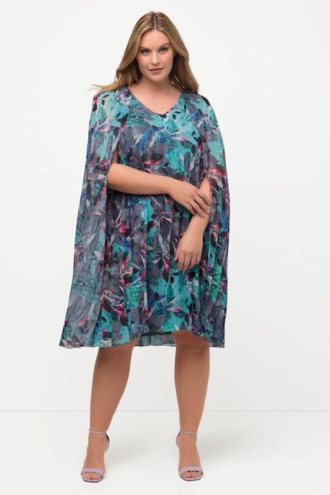 Cape-Midikleid, A-Linie, Plissee, V-Ausschnitt, ärmellos