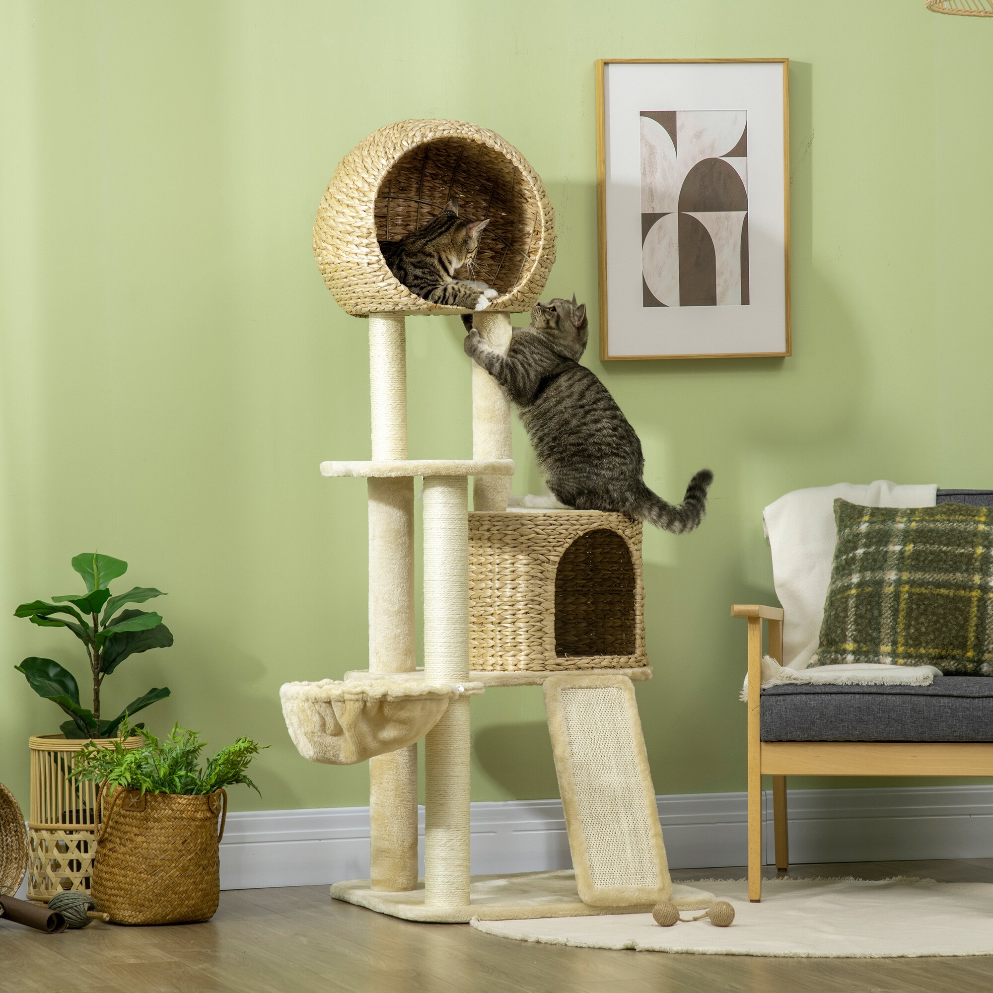 PawHut Kratzbaum mit Katzenhaus beige 60L x 60B x 150H cm