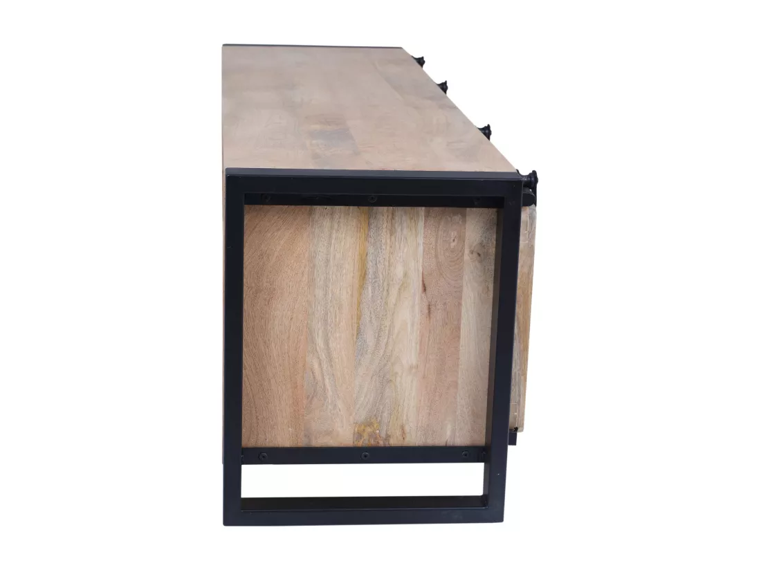 Meuble TV avec 2 portes, 1 tiroir et 1 niche en bois de manguier et métal - Naturel et noir - HARLEM II