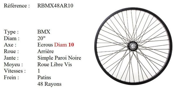 ROUE 20  BMX ARRIERE JANTE ALU 48 RAYONS NOIR CNC FREIN PATIN MOYEU ALU AXE DE 10 ECROUS ROUE LIBRE 1V FREESTYLE .