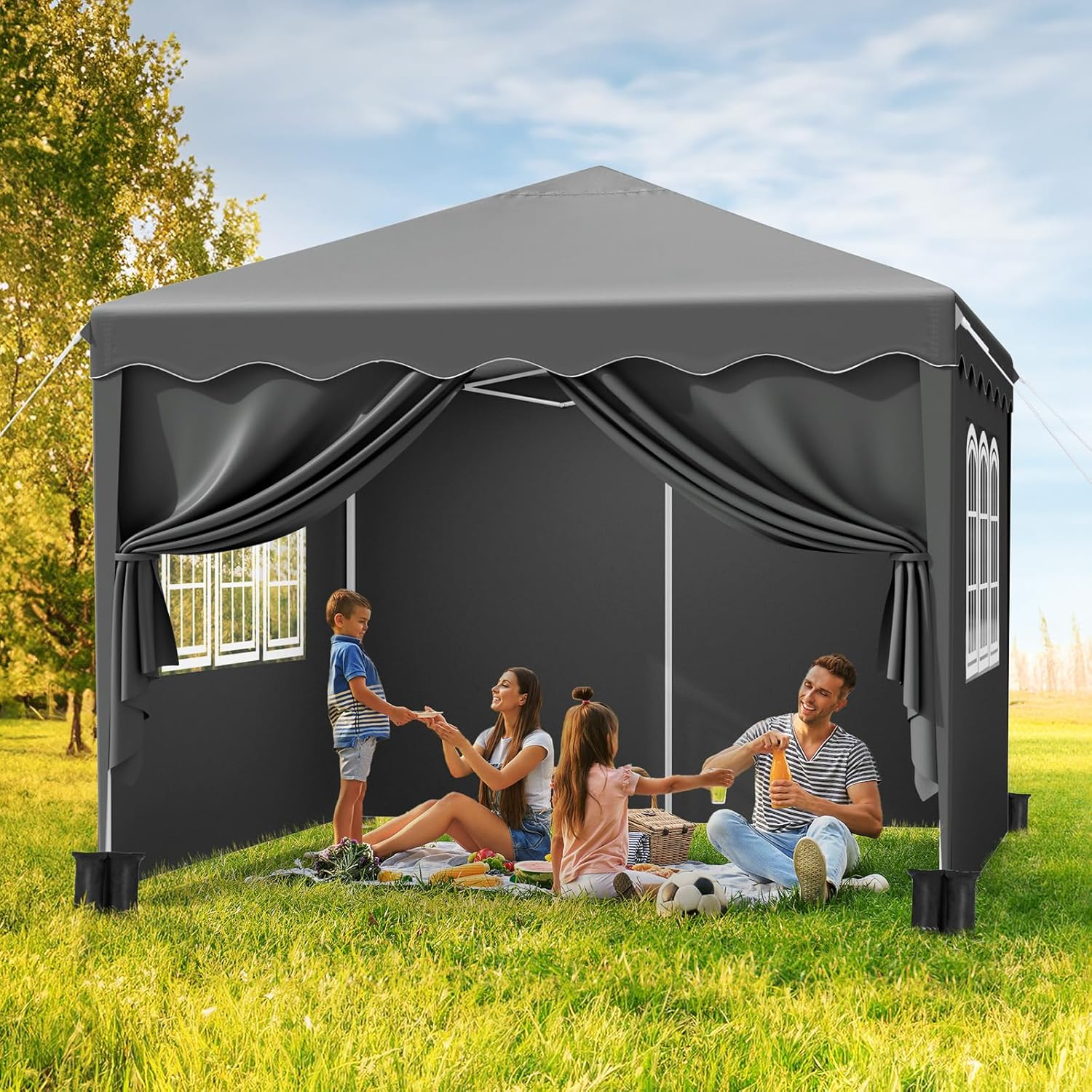 Pavillon 3x3, Faltpavillon Stabil Winterfest mit Oxford, UV Schutz 50+, Faltpavillon mit Seitenteilen, 4 PCS Sandsack, Gartenpavillon Höhenverstellbar, Faltbare Pavillon Zelt für Camping Grau