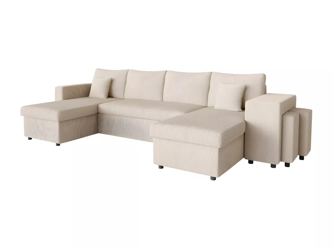 Canapé panoramique Oslo convertible avec 2 coffres, 2 poufs à droite en velours côtelé beige - L311 x P146 x H81cm - Loungitude