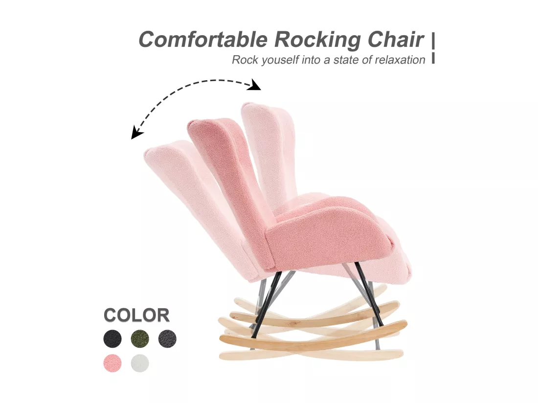 Chaise à Bascule En Tissu Teddy, Rose, Avec Accoudoirs Et Dossier Ergonomique