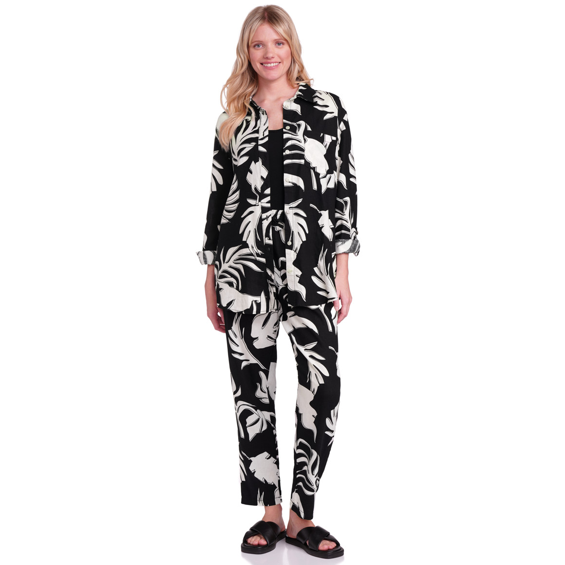 Gina Benotti Damen Leinen-Bluse mit Hemdkragen schwarz / weiss
