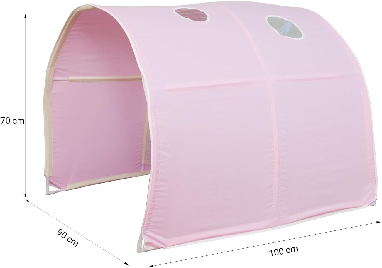 Homestyle4u 2555, Kinderhochbett Weiß 90 x 200cm Holz Kiefer rosa Hochbett Turm Tunnel Leiter Vorhang Rutsche Lattenrost