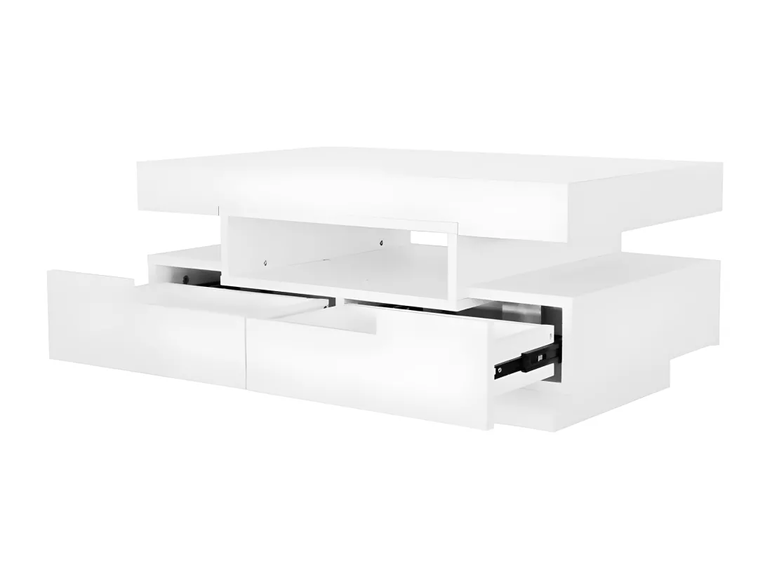Table basse avec LED - finition brillante - 4 tiroirs avant et arrière - Blanc