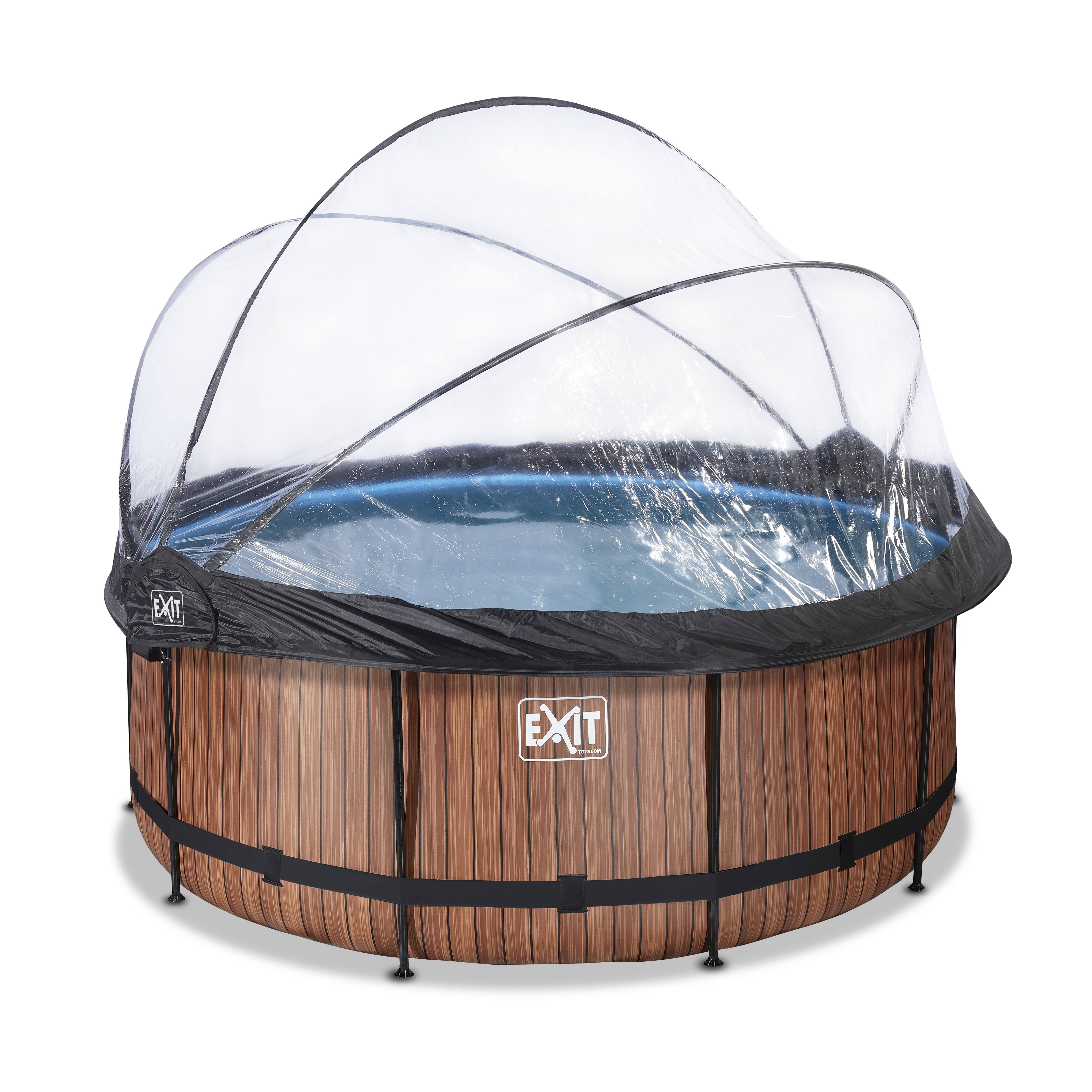 Exit Wood Pool ø360x122cm with Dome and Sand Filter Pump - Brown