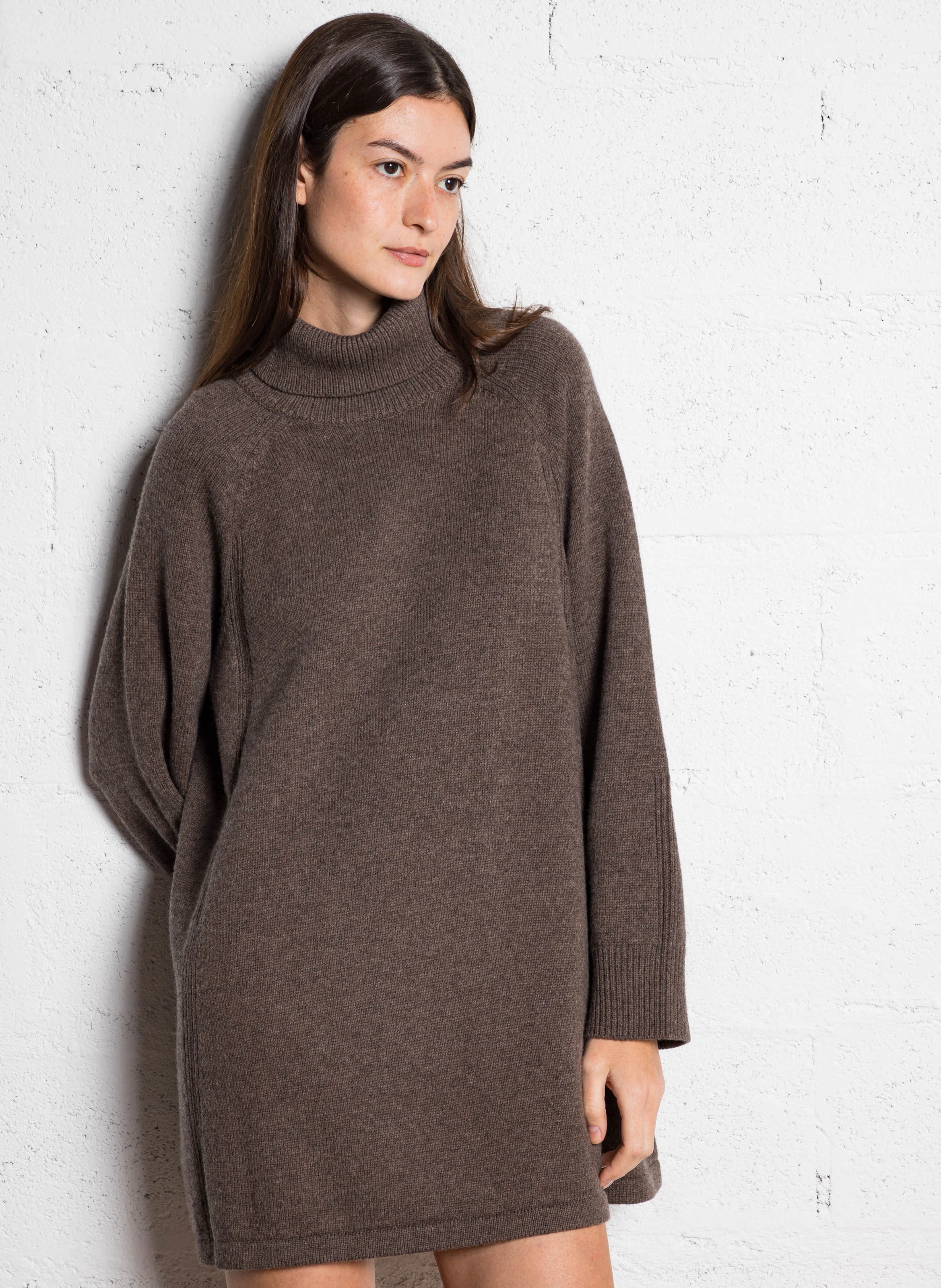 MEDEE - Robe pull courte en laine et coton| Marron