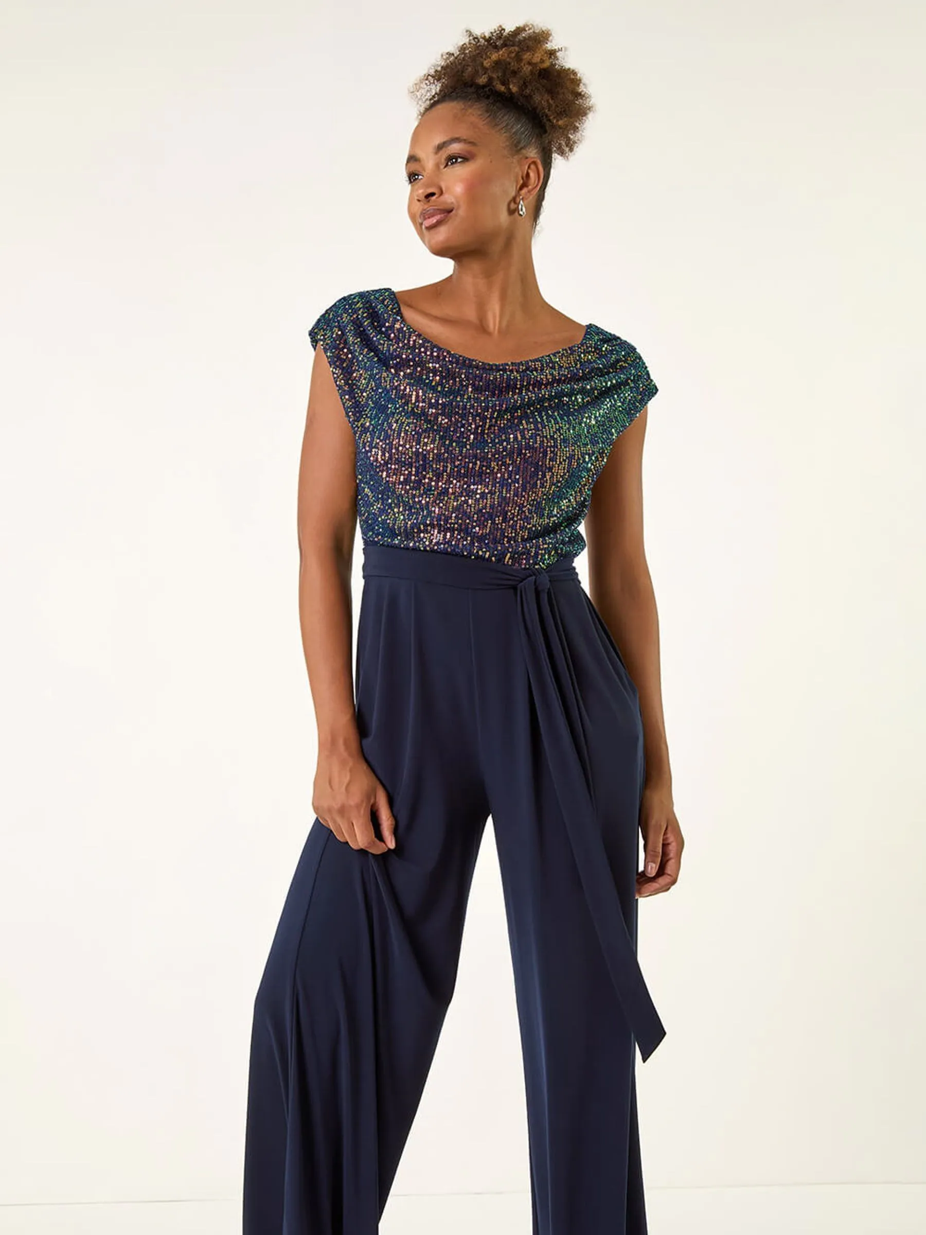 Blauw - Roman Paillettenlijfje met Watervalhals Jumpsuit