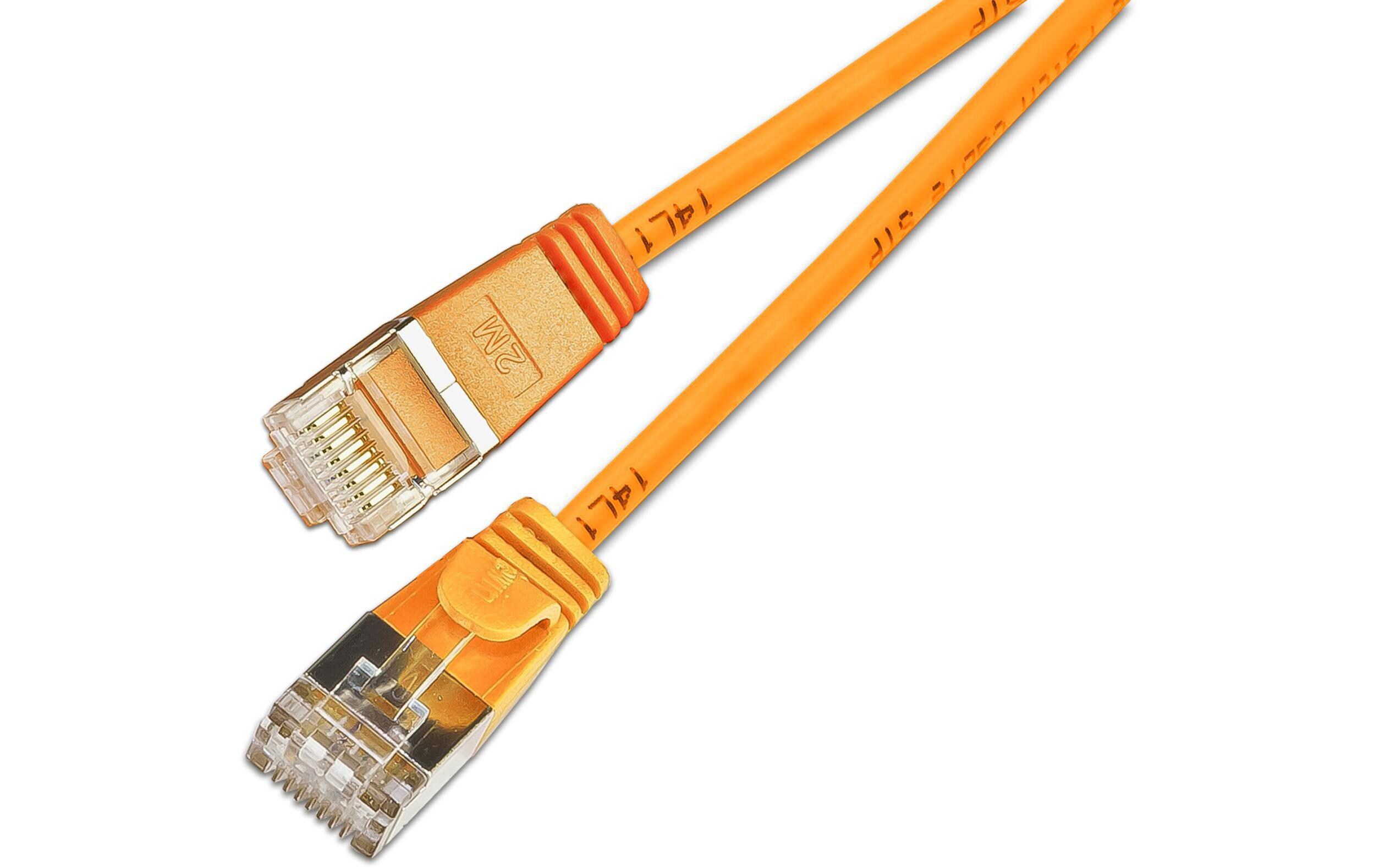 Slimpatchkabel RJ-45 - RJ-45, Cat 6, U/FTP, 7.5 m, OrangeGeschirmtes Cat 6 Twisted-Pair-Kabel (U/FTP) mit Klinkenschutz