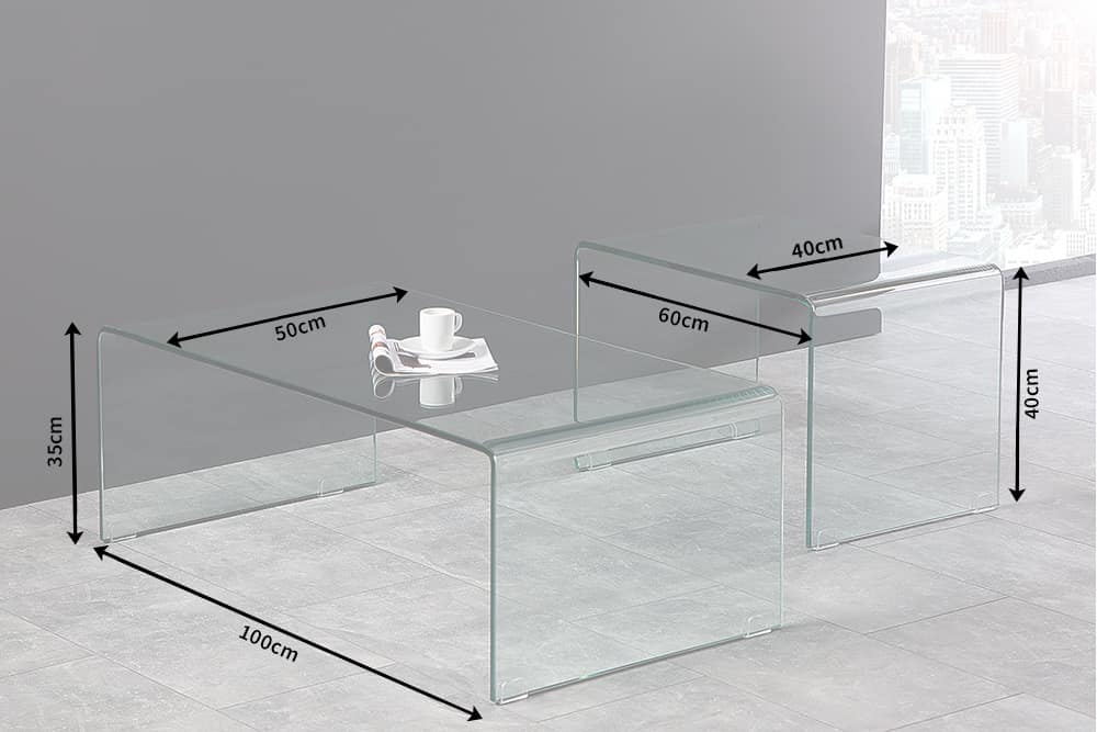 Hochwertiges 2er Set Glas Couchtisch FANTOME 100cm transparent