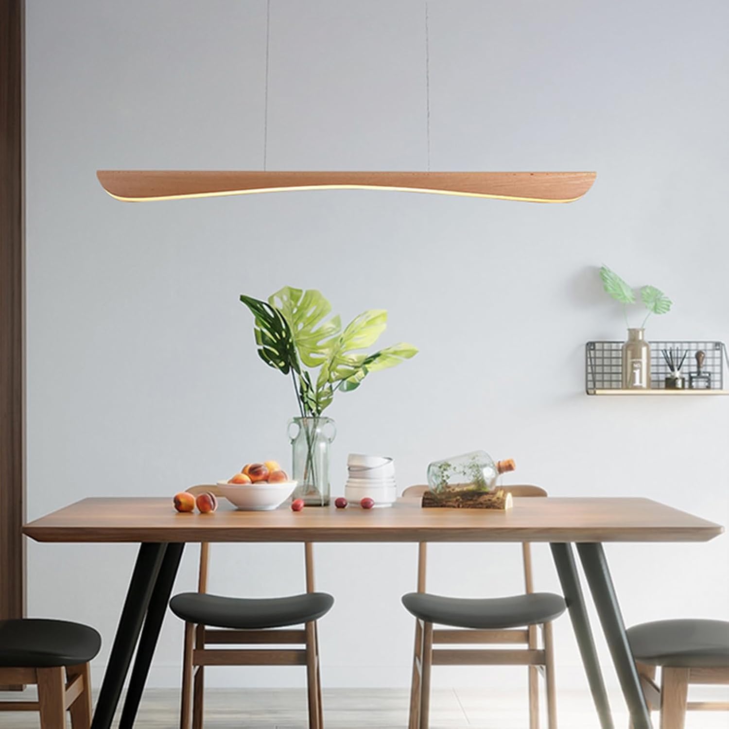 LED Pendelleuchte esstisch holz Dimmbar, Moderne Hängelampe mit Fernbedienung,Linear Design Hängeleuchte Esstisch lampe, Höhenverstellbar Holzlampe für Esszimmer Büro Küchenlampe (100cm)