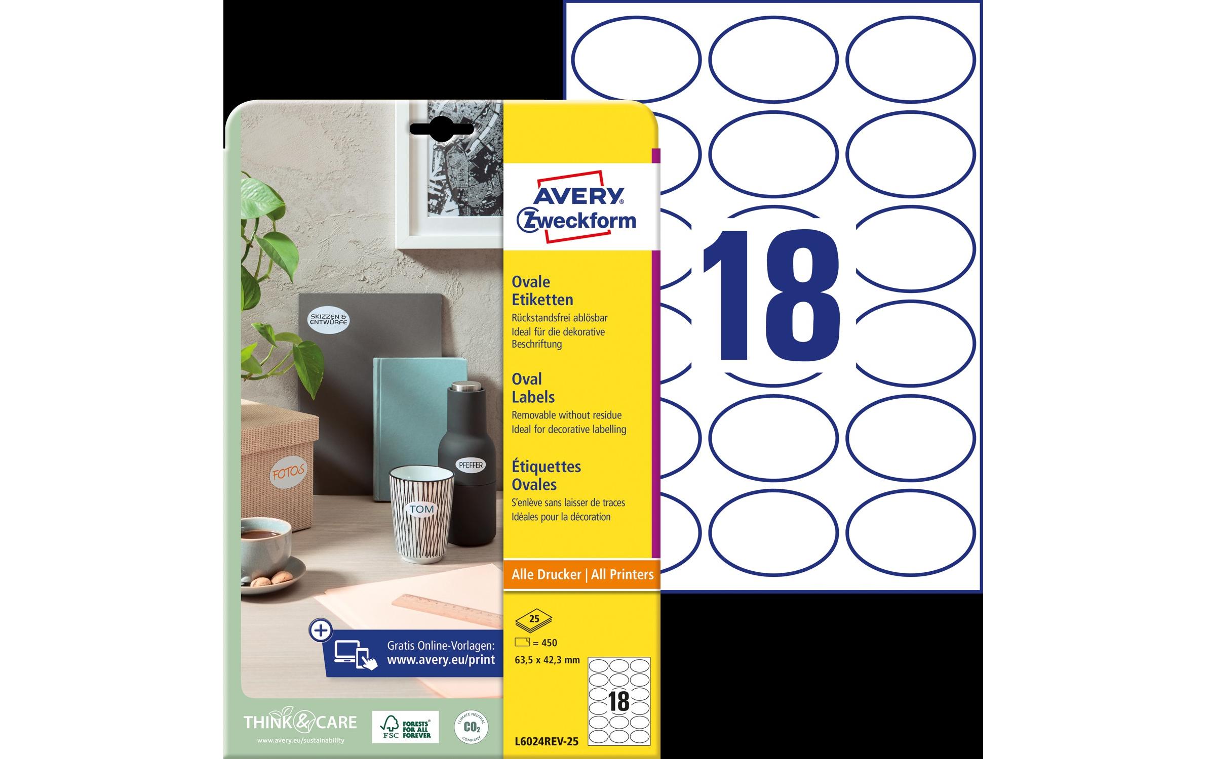 Runde Etiketten L6024REV-25 63.5 x 42.3 mmOvale, wiederablösbare Etiketten, 63,5 x 42,3 mm