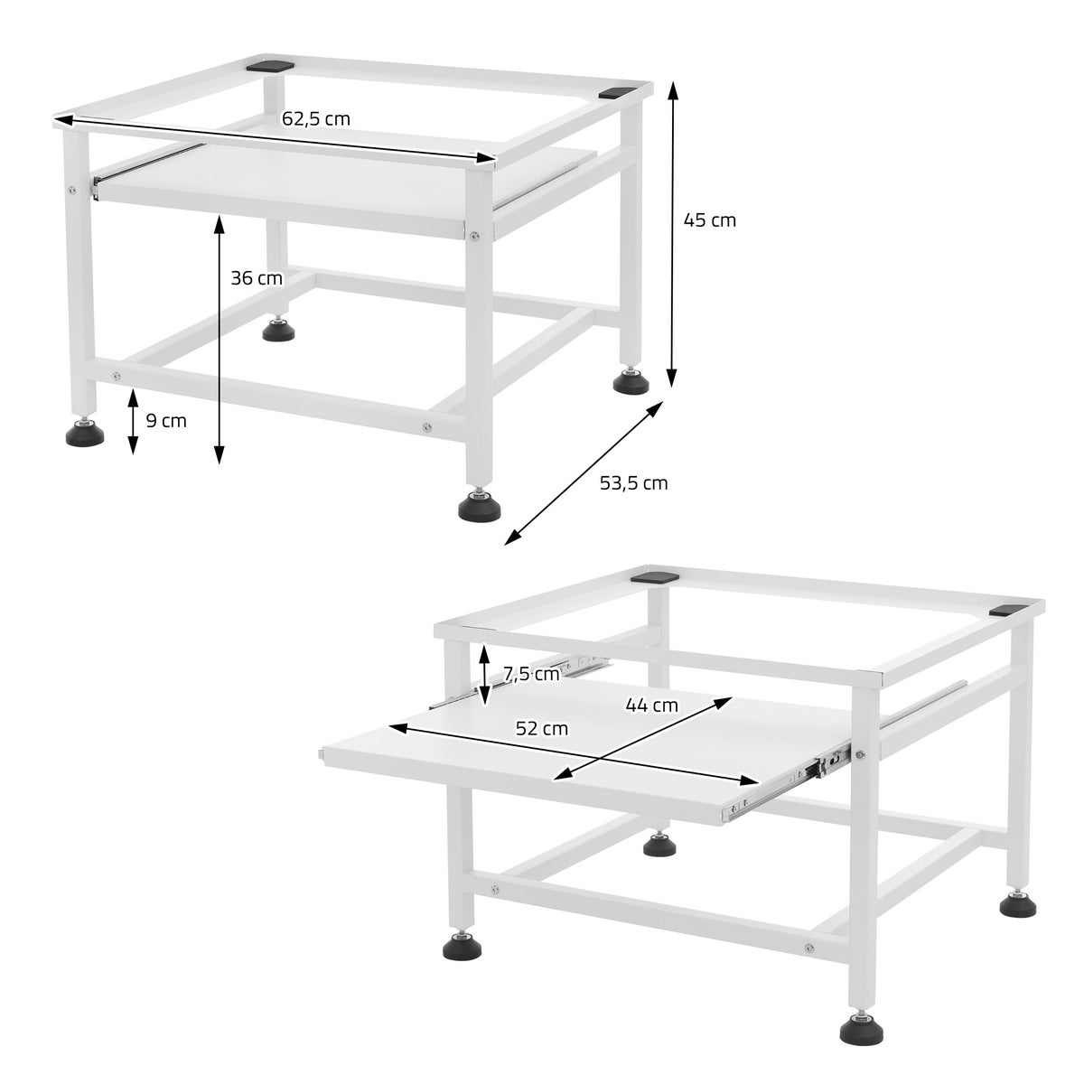 ML-Design wasmachineonderstel met uitschuifplank, wit, 62,5x53,5x45 cm, van staal, tot 150 kg, in hoogte verstelbare poten, wasmachineonderstel, drogeronderstel, onderkastverhoger