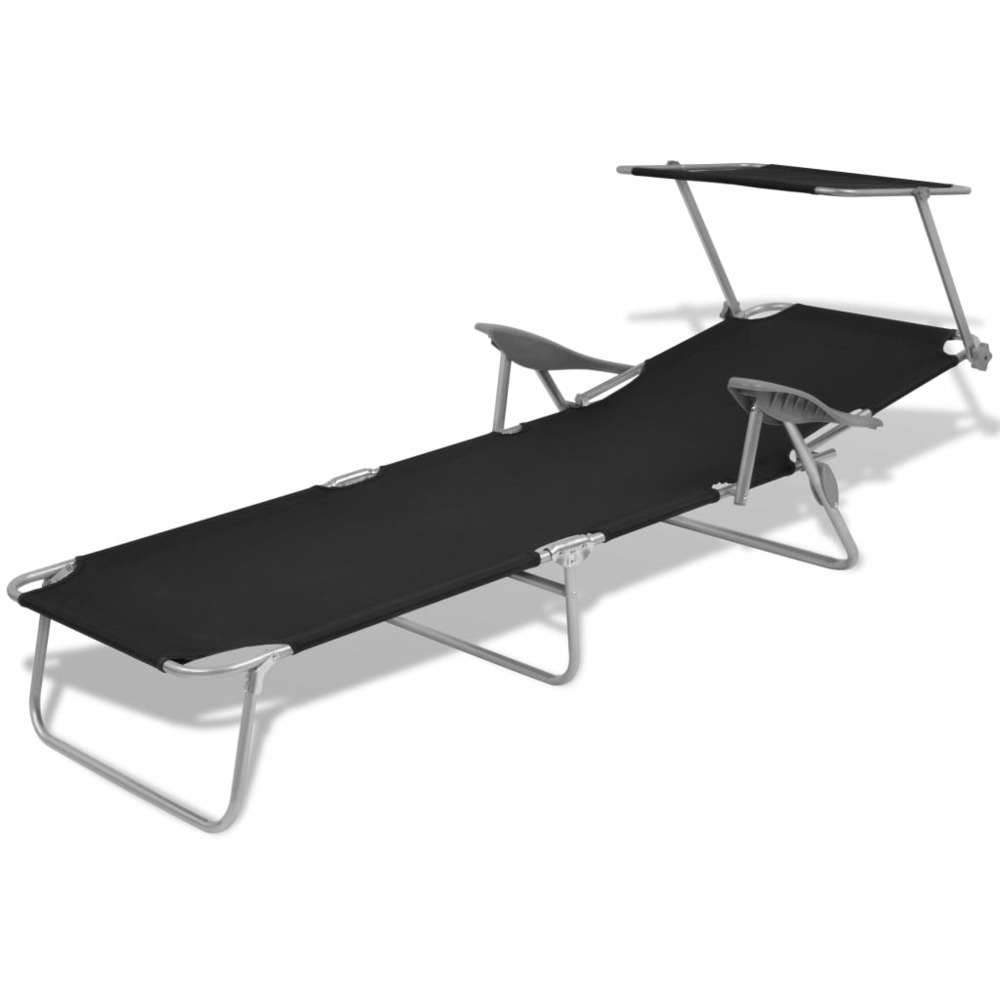 Transat chaise longue bain de soleil lit de jardin terrasse meuble d'extérieur 189 cm avec auvent acier noir