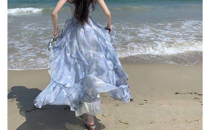 Yuxi - Spaghettibandjes Tie Dye Ruffle Maxi A-lijn Jurk